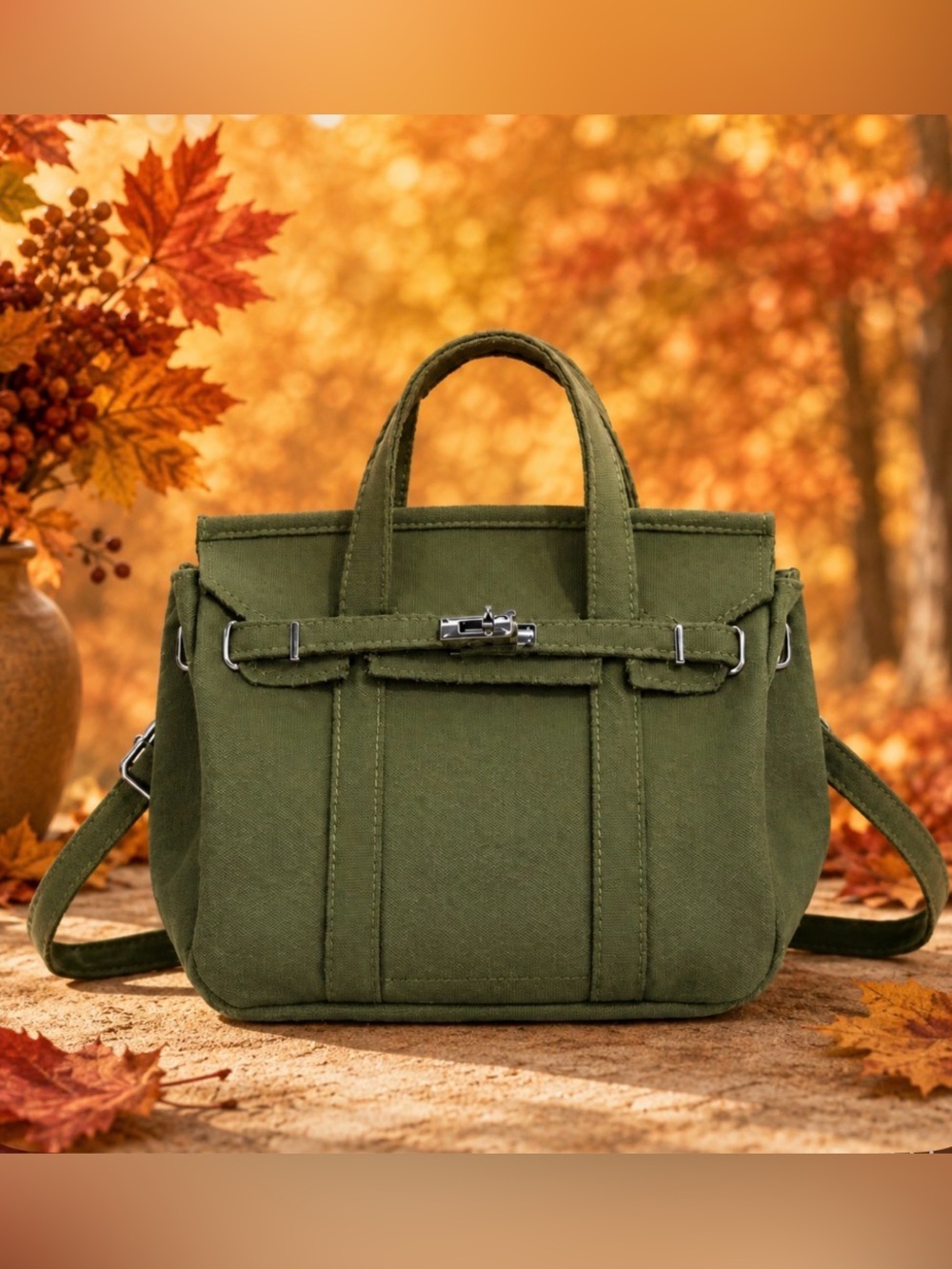 Small Olive Green Canvas Tote Bag with Adjustable Strap